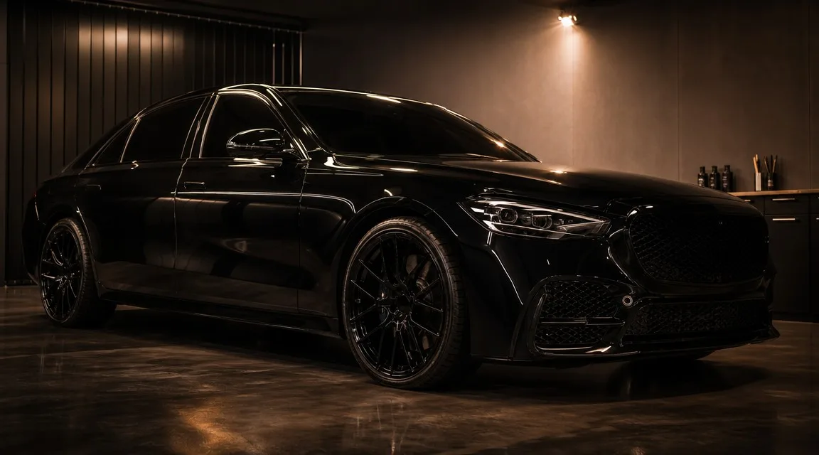Glossy ceramic-coated vehicle in detailing studio